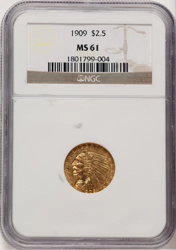 1909 INDIAN HEAD $2.5 QUARTER EAGLE GOLD NGC MS61