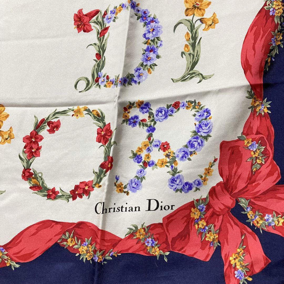 美品。クリスチャンディオールシルク大型スカーフ85x85 Christian Dior large scarf 85cm 33″ square silk flower navy