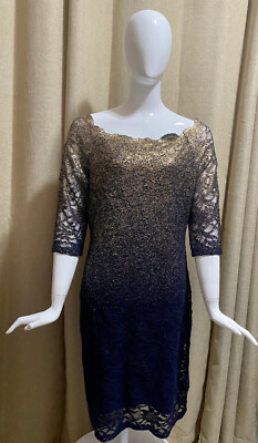 Marina - Ladies Two Toned Gold and Navy Blue Lace Dress - Size 14P | eBay