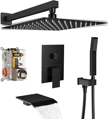 Black Shower Faucet Set Mixer Valve Rain Shower Head Combo System with Tub Spout