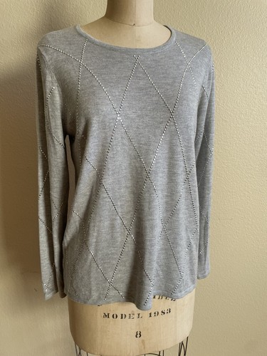 Magnolia Grace LG Gray Cashmere blend Rhinestone Embellished Sweater EUC Holiday