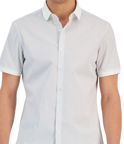 Michael Kors Men's Slim Fit Button Down Short Sleeve Plaid Shirt, Whit/Gray, L