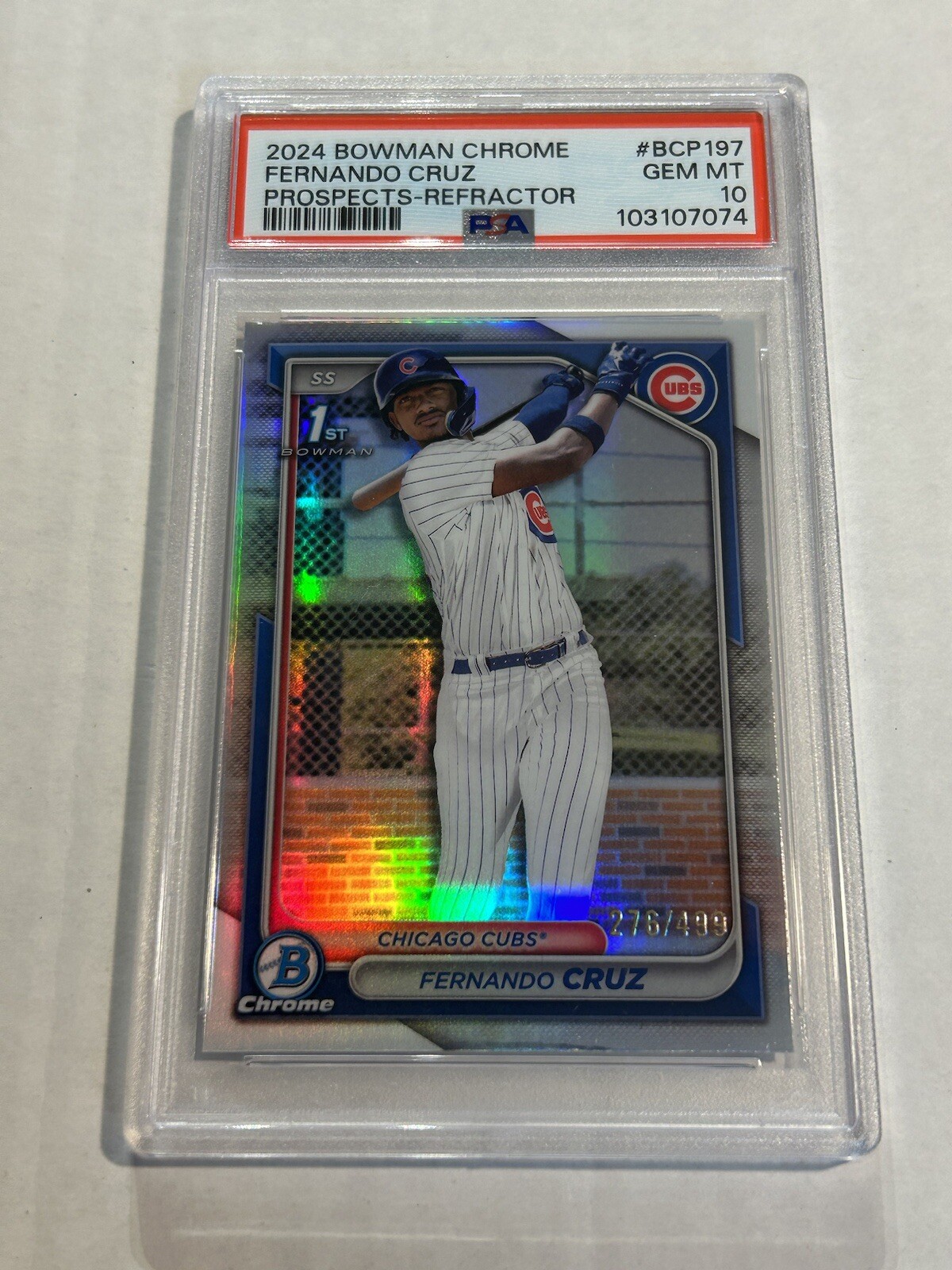 2024 BOWMAN CHROME FERNANDO CRUZ 276/499 REFRACTOR 1ST PSA 10 CUBS SP