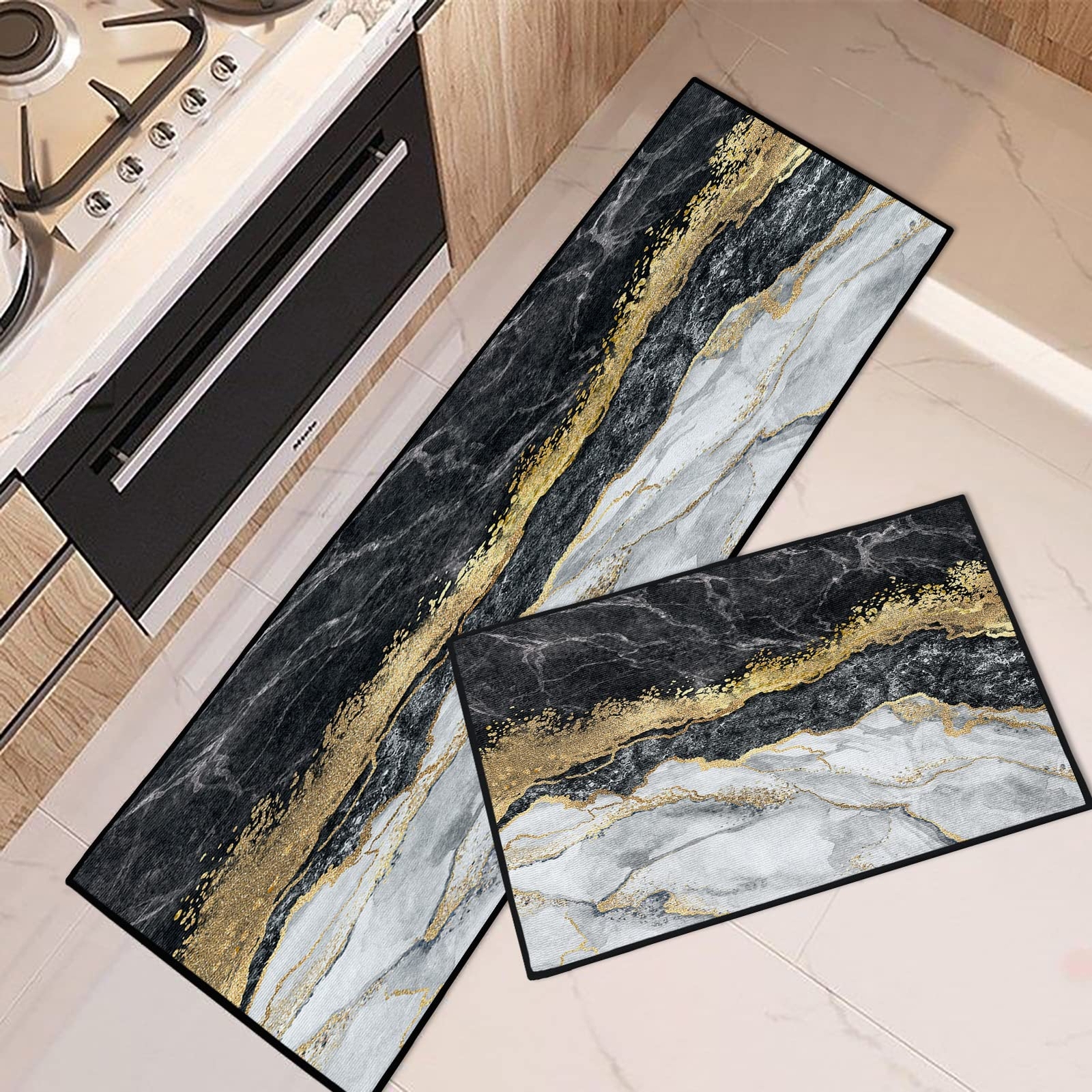 Grey Gold Kitchen Rugs and Mats Non Skid Washable Set of 2 Black Marble