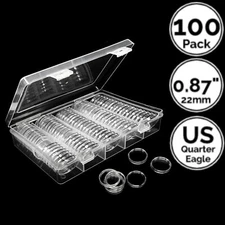100 Pack 0.87" IN 22 mm Coin Capsule Holders w/ Storage Case