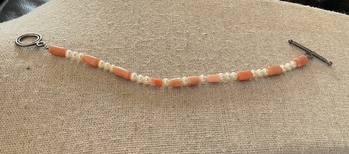 925 Angel Skin Coral Carved Flowers Pearl Toggle Bracelet Fits Sz 6” Petite