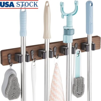 Wall Mounted Mop & Broom Holder Organizer W/ 4 Hooks Garage Laundry Room New