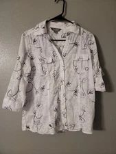 John Forsyth Chemisier White Floral 3/4 Roll Tab Sleeve Button Up Blouse Size L