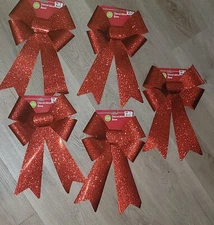 SET OF 5 WINTER WONDER LANE RED GLITTER DECORATRIVE BOW 9" x 15" EACH
