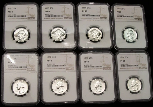 1957 to 1964  -  8 Coin Set - Washington Silver Proof Quarters  NGC  PF 68