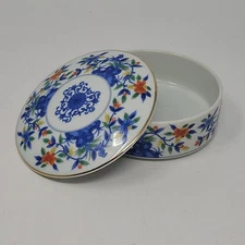 Takahashi Geometric Floral Trinket Dish Blue & White with Lid 5" Made in Japan