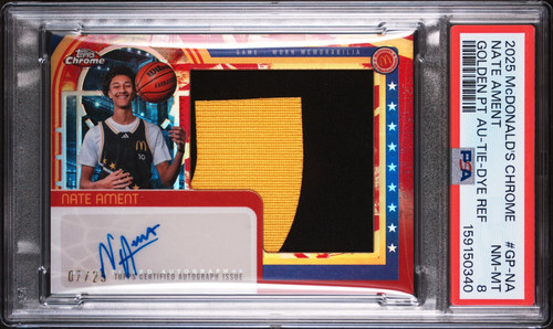 NATE AMENT /25 GOLDEN PATCH AUTO GAME WORN 2025 TOPPS MCDONALD'S CHROME PSA 8