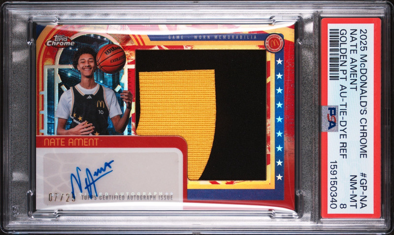 NATE AMENT /25 GOLDEN PATCH AUTO GAME WORN 2025 TOPPS MCDONALD'S CHROME PSA 8