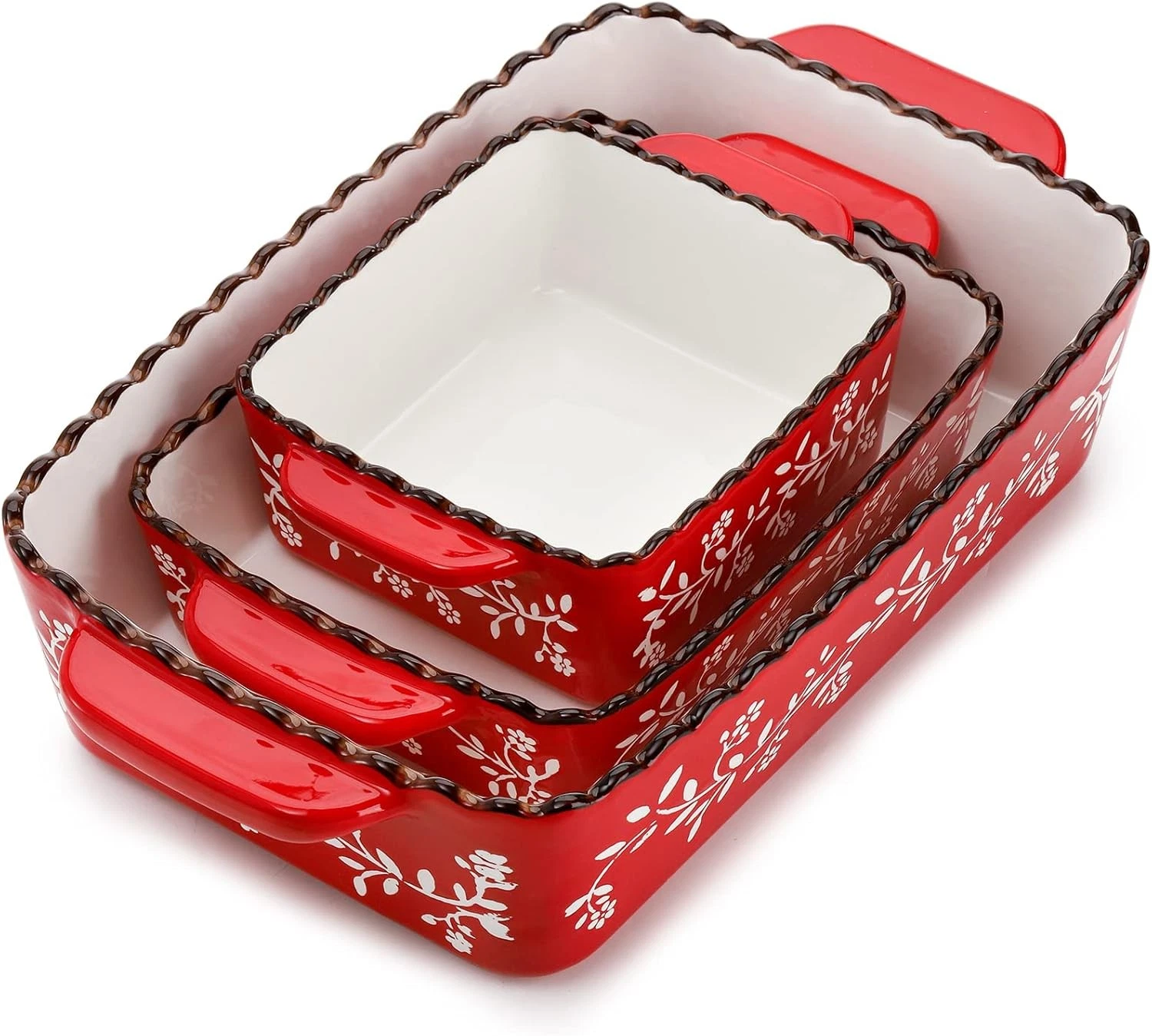 AVLA 3 Pack Ceramic Bakeware Set, Porcelain Rectangular Baking Dish Red