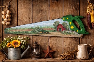 Vintage Hand-Painted Wood Saw Farm Scene Folk Art Rustic Country Wall Decor 29 