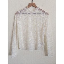 Sheer Mesh Floral Lace Long Sleeve Mock Neck Blouse Top Medium White Ivory Boho