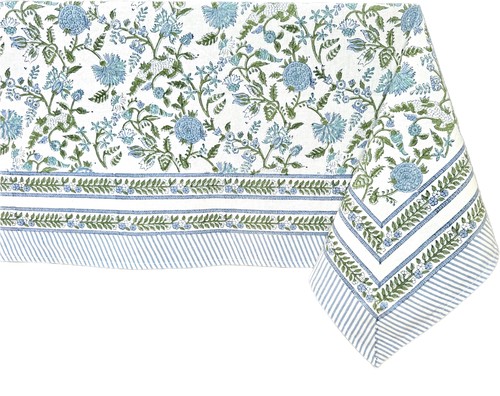 Mahoka Blue 100% Cotton Fall Tablecloth, Handblock Floral Linen Table Cloth f...