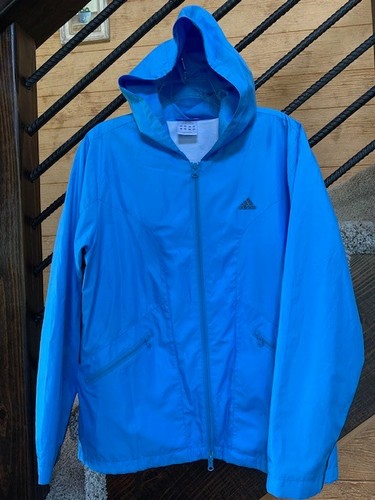 Adidas Damen Gr. L leichte Windbreaker Jacke gefüttert Kapuze Reißverschlusstaschen Streifen