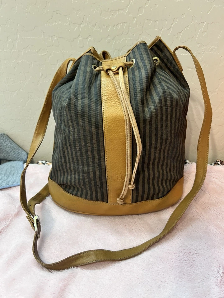 FENDI Vintage 70s Pequin Brown Tan Striped Leather Crossbody Bucket Bag - Image 2 of 4