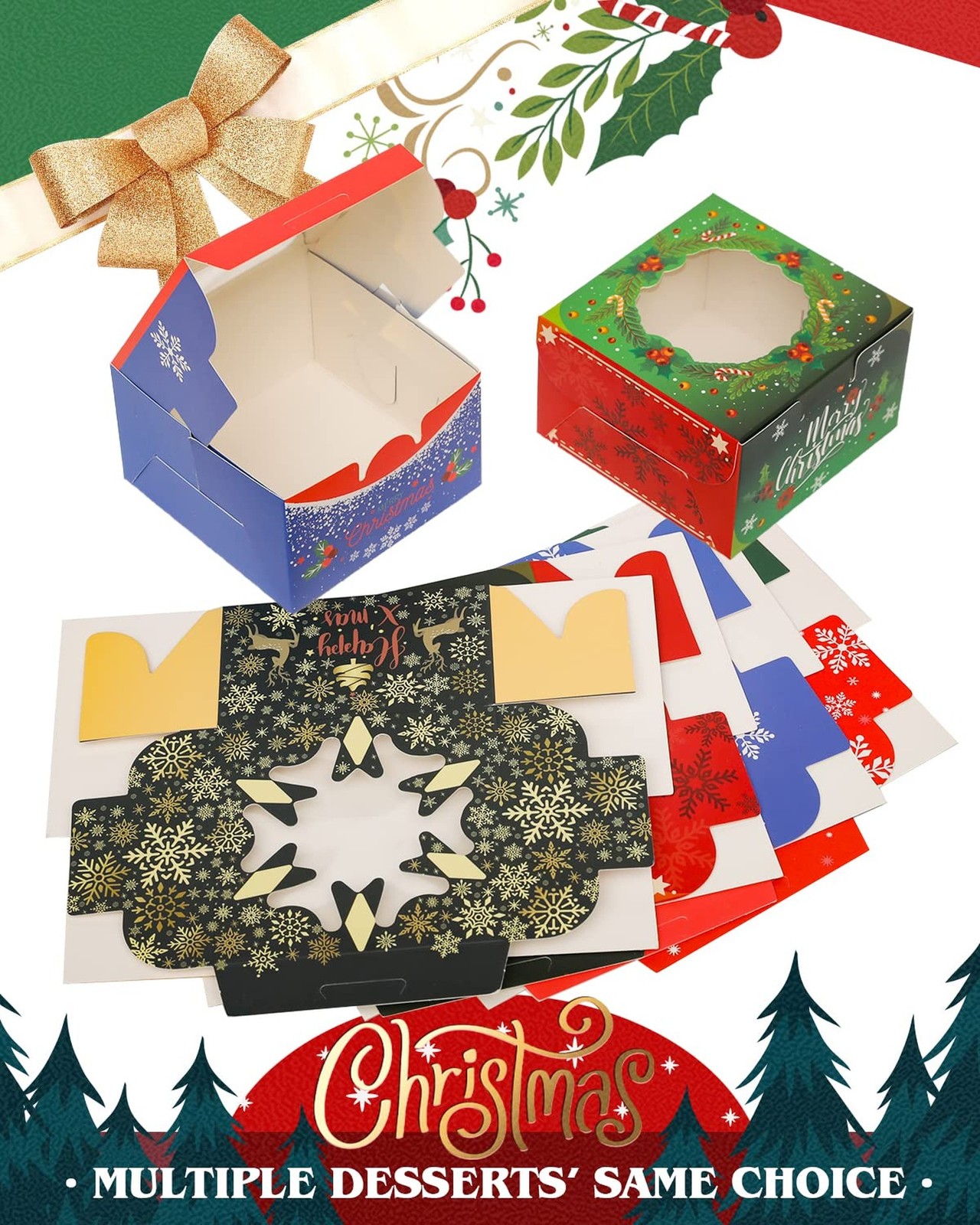 qiqee Christmas Bakery Boxes with Window 100pcs 4x4x2.5 Mini Cookie Boxes Mac...