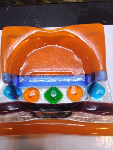 Plate Fused Glass Trinket Dish 4.5"X 4.5" Orange - Picture 2 of 3