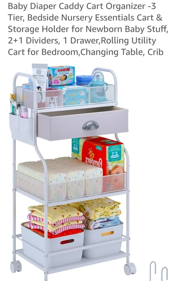 Carro organizador y almacenamiento para bebés, carro rodante para bebés de 3 niveles con divisores y cajón Foto 2 de 4