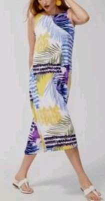 CHICO'S Sleeveless Midi Dress SZ 1 (8) Medium Palms Tropical Coconut Girl Beach