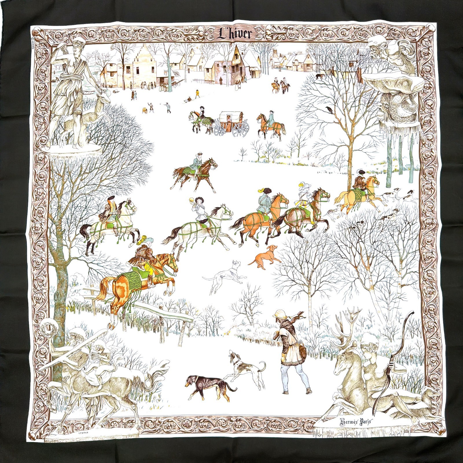 HERMES Paris Carre 90 L'hiver Ledoux Winter Scene Silk Scarf Black France Auth