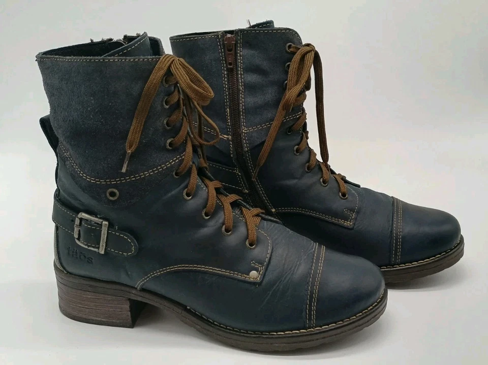 Taos Crave Zip Up Lace Up Leather Combat Boots Blue Ink Women's Size 42/US 11 - Image 2 of 4