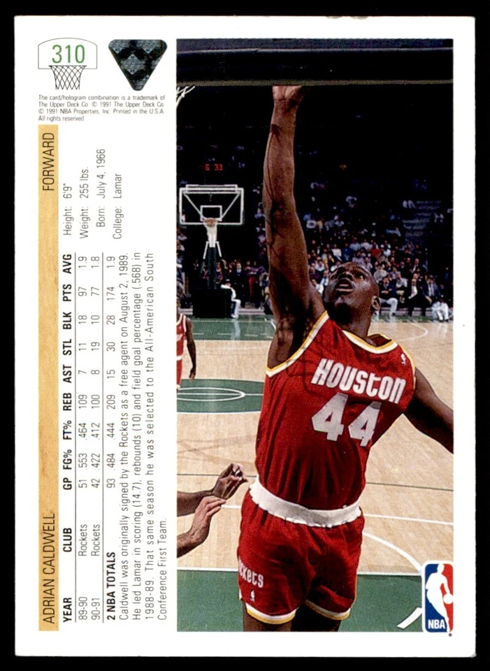 1991-92 Upper Deck Adrian Caldwell Houston Rockets #310 - Image 2 of 2
