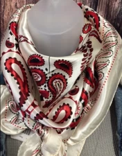 New! 35" x 35" Cream red black PAISLEY WILD RAG Western scarf Cowboy cowgirl