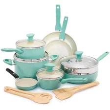 Green Pan 16-Piece Rio Cookware Ceramic Nonstick Pots and Pans Set Turquoise NIB
