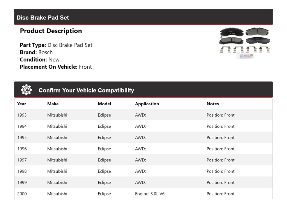 Pastillas de freno delanteras de cerámica QuietCast 1994 para Mitsubishi Eclipse Bosch 1993-2000 Foto 2 de 4