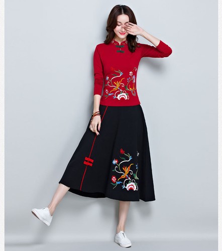Retro Chinese Style Women Embroidery Shirt Top Blouse Cotton Long Sleeve T-shirt - Picture 8 of 15