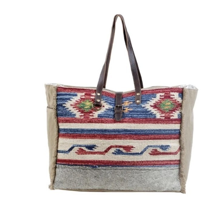 Myra Wild Brook Weekender Bag - Upcycled Cotton & Leather, Multicolor Travel Bag