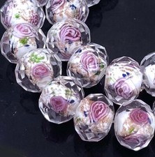 14 Czech Glass Faceted Rondelle Beads - Encased Rose Flower 11x8mm