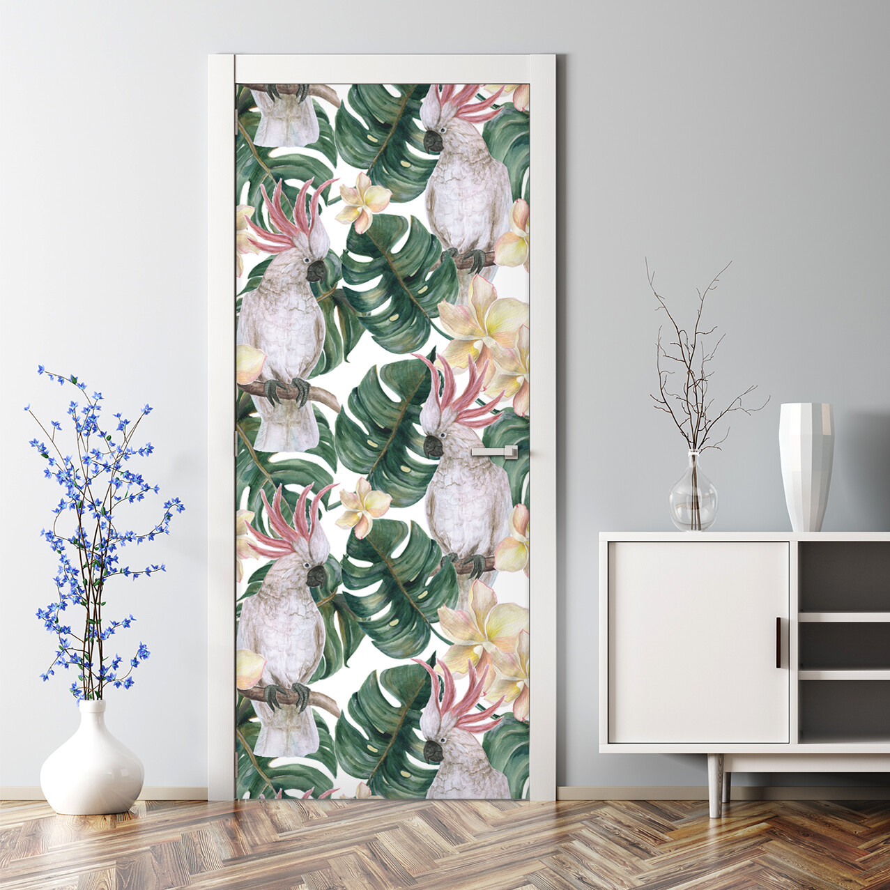 Colorful Tropical Parrot Bubble-Free Door Sticker Pink Green Home Decor