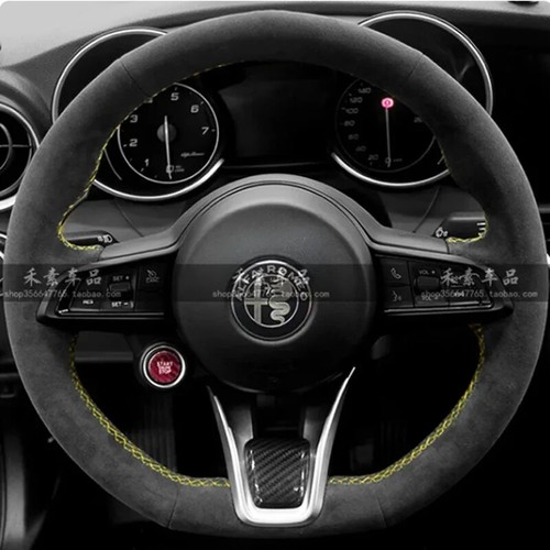 Cubierta de volante antideslizante de gamuza negra cosida a mano para Alfa Romeo Giulia Stelvio - Imagen 3 de 12