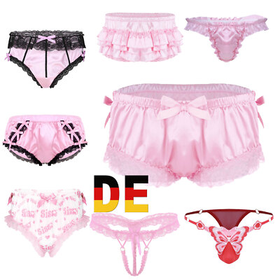 DE Herren Sissy Slips mit Schleife Spitze Unterwäsche T-Back Lingerie Dessous