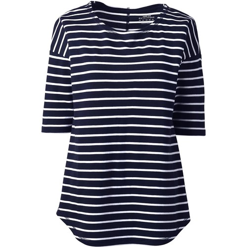 Lands' End Women's Top Navy White Striped Cotton Modal Elbow Sleeve Balletneck