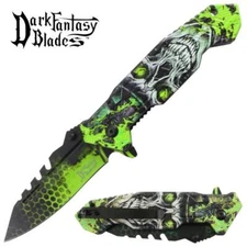 8.5" DARK FANTASY BLADES SKULL PRINTED SPRING ASSISTED FOLDING KNIFE GREEN