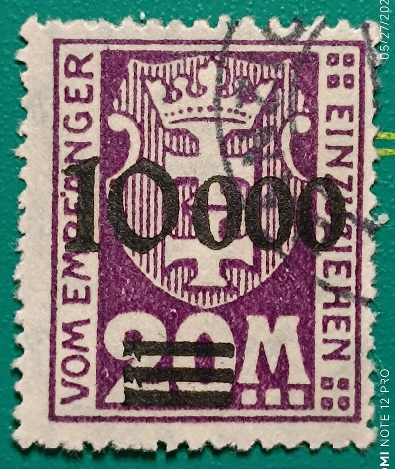 Sello de Gdansk 1923, DANZIG - Sc J27, D1 10.000 m sobre violeta profundo de 20 m, usado Foto 4 de 4