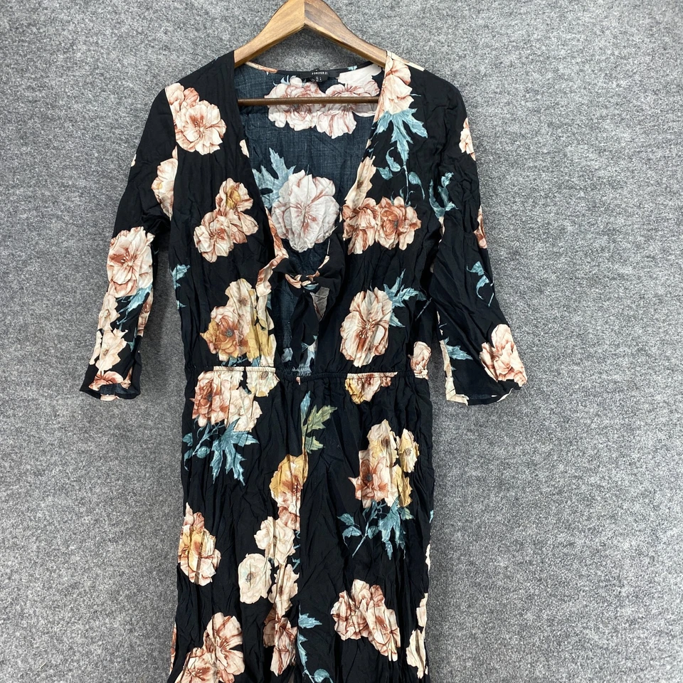 Mono Forever 21 Mujer L Grande Negro Floral Cuello en V Ajustado Manga 3/4 Rayón Foto 3 de 4