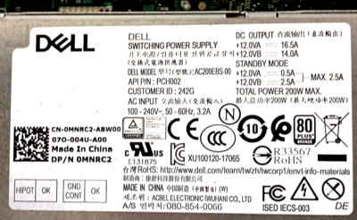 0MNRC2 Dell Inspiron 3880 Model# AC200EBS-00 200W MNRC2 Power Supply MNRC2