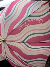 Vtg Oscar De La Renta Pink Swirly Stripe Full-Size Umbrella With Wooden Handle