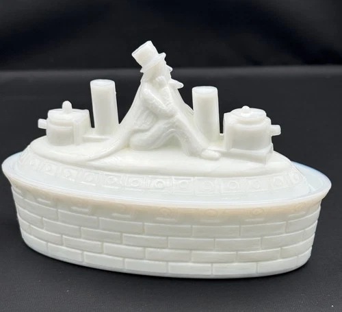 Antique Uncle Sam Battleship Milk Glass Covered Dish Spanish American War