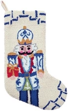 Blue Nutcracker Soldier Chinoiserie Christmas Hooked Stocking- Wool 21"