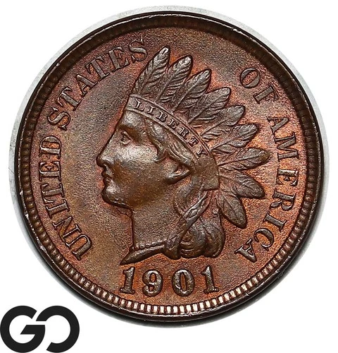 1901 Indian Head Cent Penny, Some Red, Gem BU++