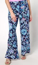 Denim Co. Beach Jersey Wide Leg w/ Slits Pants Blue Paisley Floral XL New