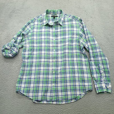 Banana Republic Mens Button Down Shirt L Roll Tab Plaid Linen Cotton Blend